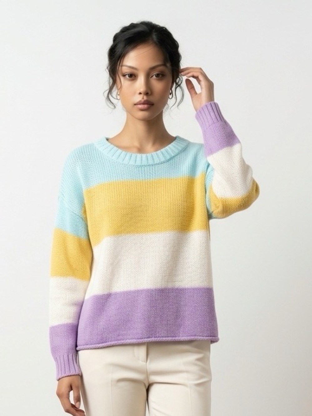 Sew In Love Pastel Stripe Crewneck Sweater - Lavender, Yellow, Blue, White
